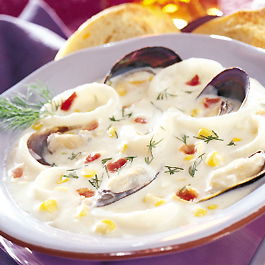 Calamari Chowder with Mussels and Roasted Corn