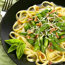 Asparagus Fettuccinni with Pancetta and Basil in a White Wine Broth