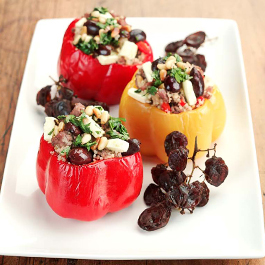 Capsicums Stuffed with Lamb, Feta, Couscous and Black Olives