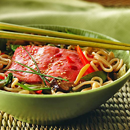 Asian Noodles with Poached Alaska Salmon