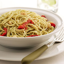 Spaghetti with Macadamia Pesto and Semi-Dried Tomatoes
