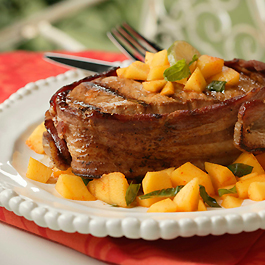 Bacon-Wrapped Pork with Spicy Mango-Basil Relish