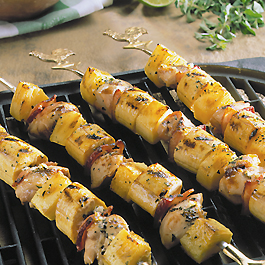 Grilled Chicken, Plantain and Pineapple Skewers