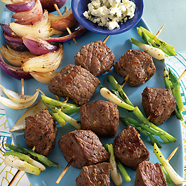 Onion Lover's Grilled Steak Kabobs with Crumbled Blue Cheese