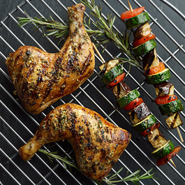 Chicken Legs with Glazed Eggplant, Zucchini and Apricots