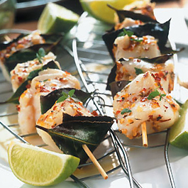 Seafood Kebabs with Bay Leaves and a Fiery Glaze