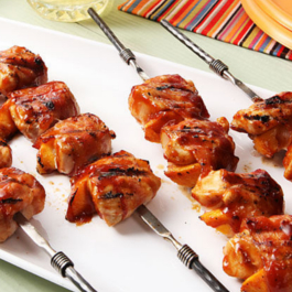 Barbecue Chicken and Peach Kabobs with Bacon