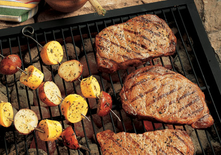 Ribeye Steaks and Seasoned Vegetable Kabobs