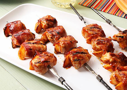 Barbecue Chicken and Peach Kabobs with Bacon